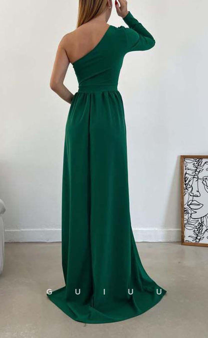 G3560 - Simple & Casual A-Line One Shoulder Long Sleeves Cut Outs Draped High Side Slit Floor-Length Formal Dress