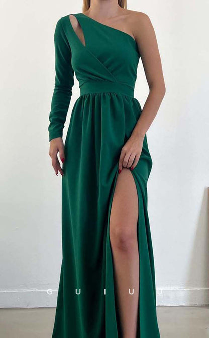 G3560 - Simple & Casual A-Line One Shoulder Long Sleeves Cut Outs Draped High Side Slit Floor-Length Formal Dress