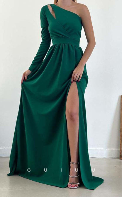 G3560 - Simple & Casual A-Line One Shoulder Long Sleeves Cut Outs Draped High Side Slit Floor-Length Formal Dress