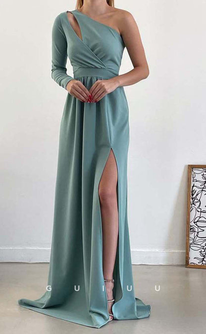 G3560 - Simple & Casual A-Line One Shoulder Long Sleeves Cut Outs Draped High Side Slit Floor-Length Formal Dress