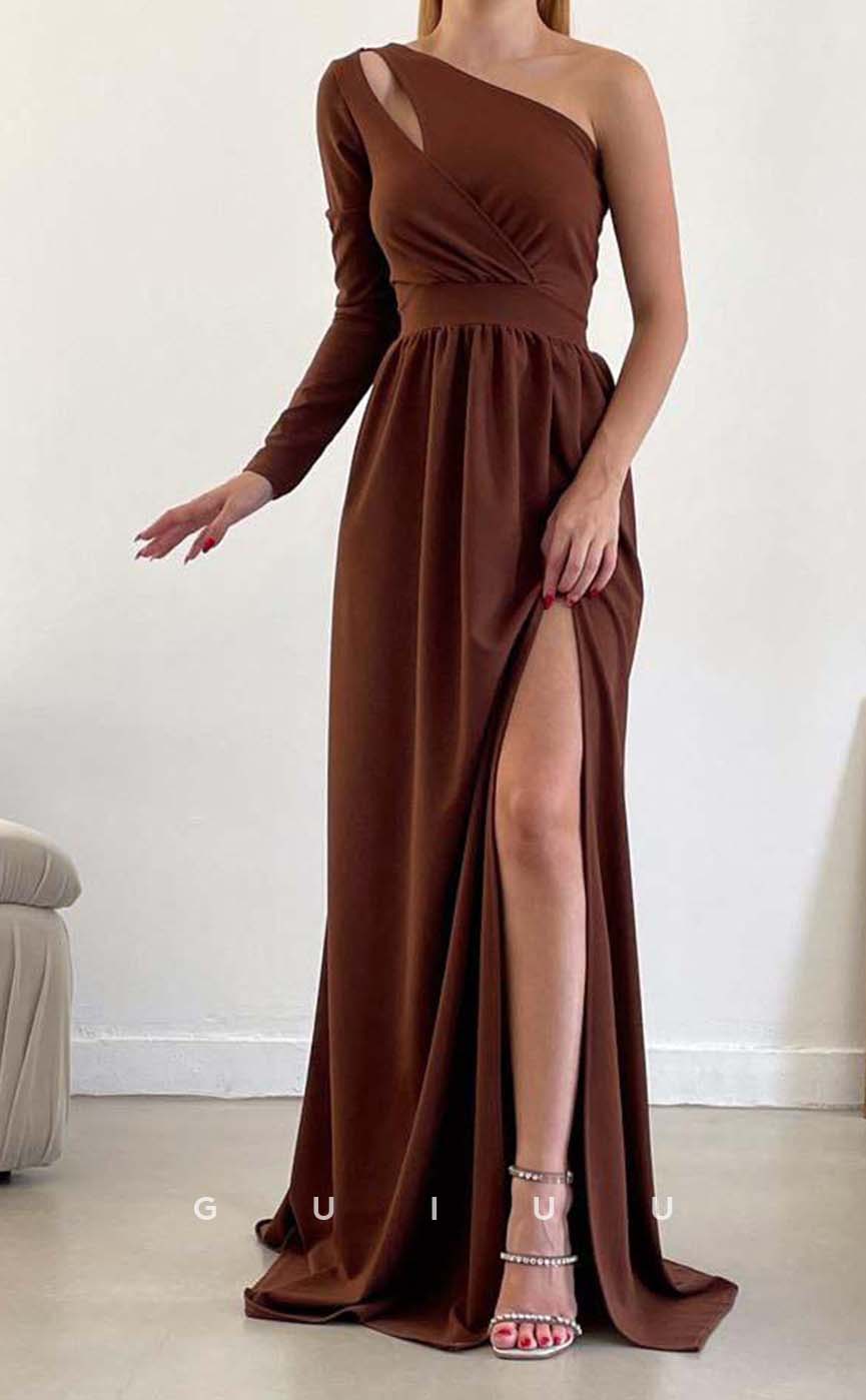 G3560 - Simple & Casual A-Line One Shoulder Long Sleeves Cut Outs Draped High Side Slit Floor-Length Formal Dress
