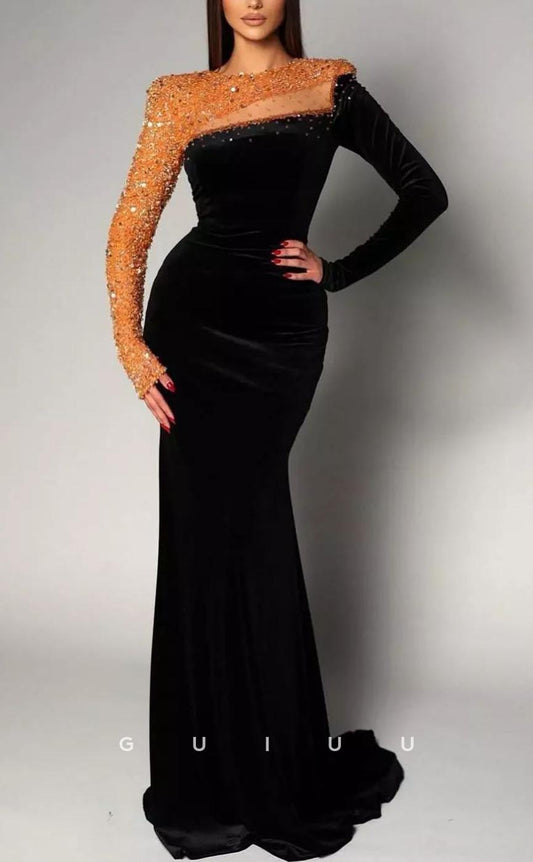 G3582 - Elegant & Luxurious Sheath Asymmetrical Beaded Long Sleeves Floor-Length Party Gown Prom Dress