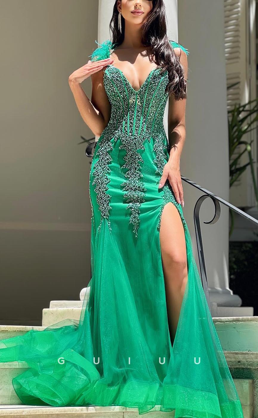 G3593 - Elegant & Luxurious Trumpet V-Neck Straps Feather High Side Slit Beaded Long Gown Prom Dress