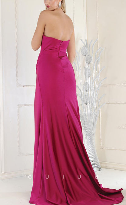 G3594 - Simple & Casual Sheath Strapless V-Neck High Side Slit Draped Floor-Length Gown Prom Dress