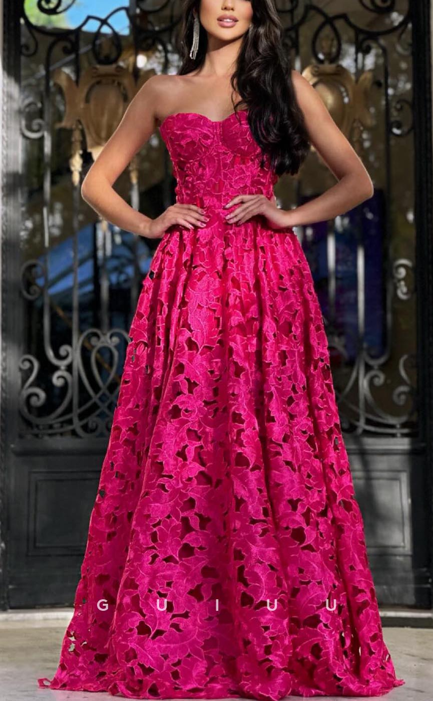 G3595 - Chic & Modern A-Line Sweetheart Strapless Floral Cut-outs Floor-Length Ballgown Prom Dress