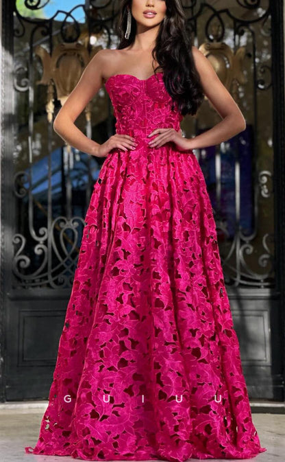 G3595 - Chic & Modern A-Line Sweetheart Strapless Floral Cut-outs Floor-Length Ballgown Prom Dress