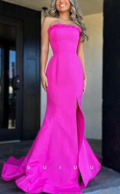 G3599 - Classic & Timeless Mermaid Strapless Draped High Side Slit Long Ballgown Prom Dress