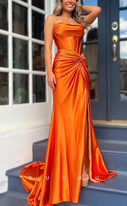 G3600 - Sexy & Hot Sheath Strapless Draped High Side Slit Floor-Length Party Prom Dress with Sweep Train