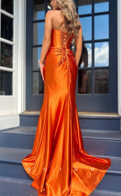 G3600 - Sexy & Hot Sheath Strapless Draped High Side Slit Floor-Length Party Prom Dress with Sweep Train