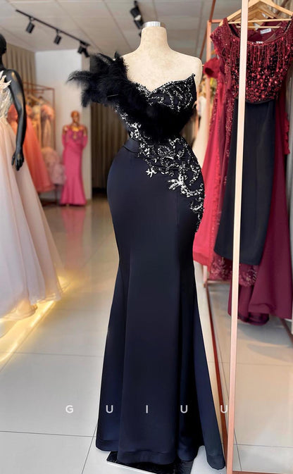 G3602 - Sexy & Hot Trumpet Asymmetrical Feather Sequins Floor-Length Party Gown Prom Dress