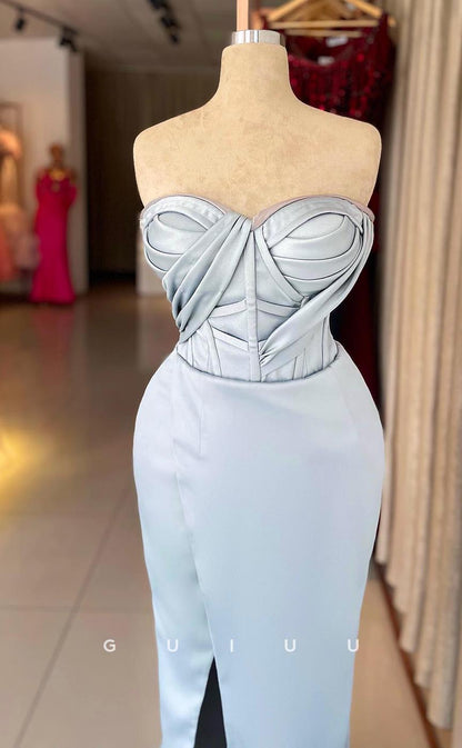 G3603 - Simple & Casual Sheath Sweetheart Draped Side Slit Floor-Length Party Gown Prom Dress