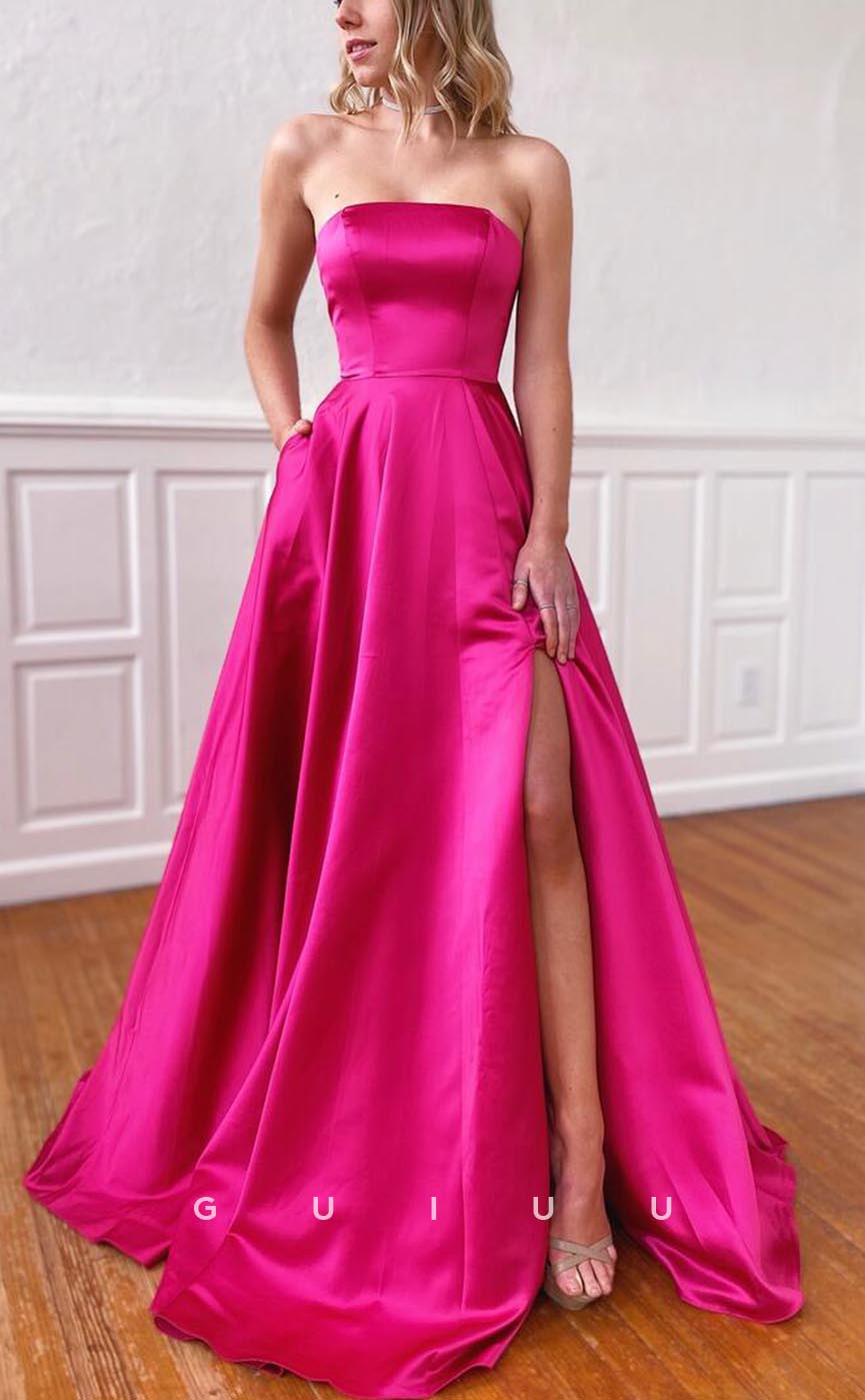 G3612 - Classic & Timeless A-Line Strapless High Side Slit Draped Long Evening Party Gown Prom Dress