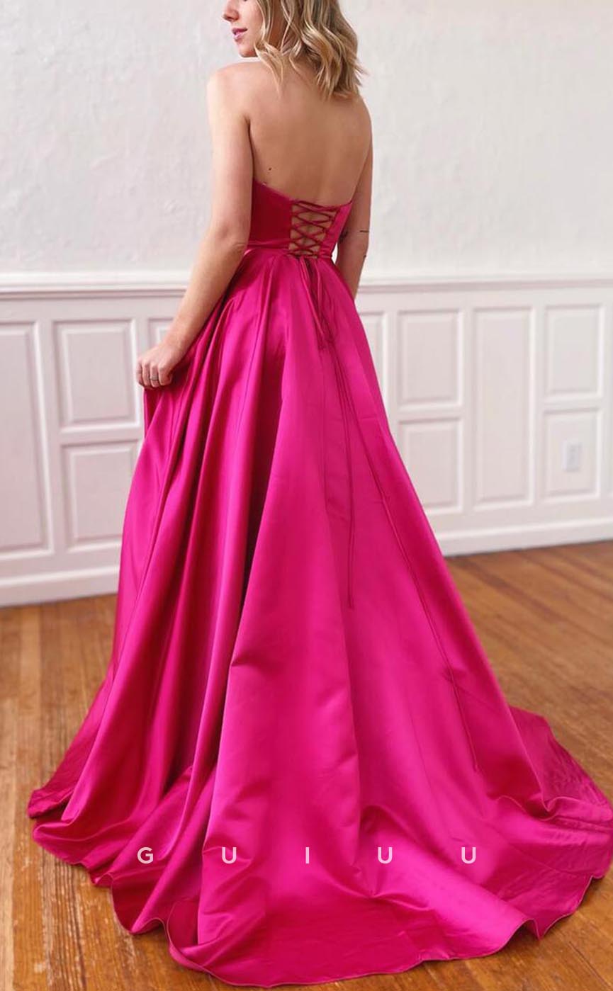 G3612 - Classic & Timeless A-Line Strapless High Side Slit Draped Long Evening Party Gown Prom Dress