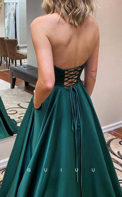 G3612 - Classic & Timeless A-Line Strapless High Side Slit Draped Long Evening Party Gown Prom Dress