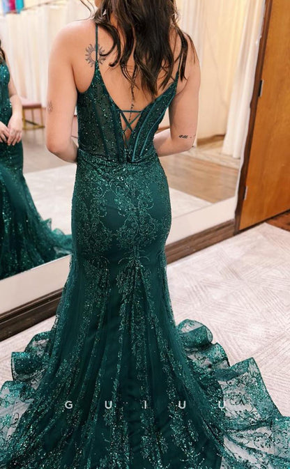 G3613 - Sexy & Hot Mermaid V-Neck Straps Allover Embroidered Long Party Gown Prom Dress with Sweep Train