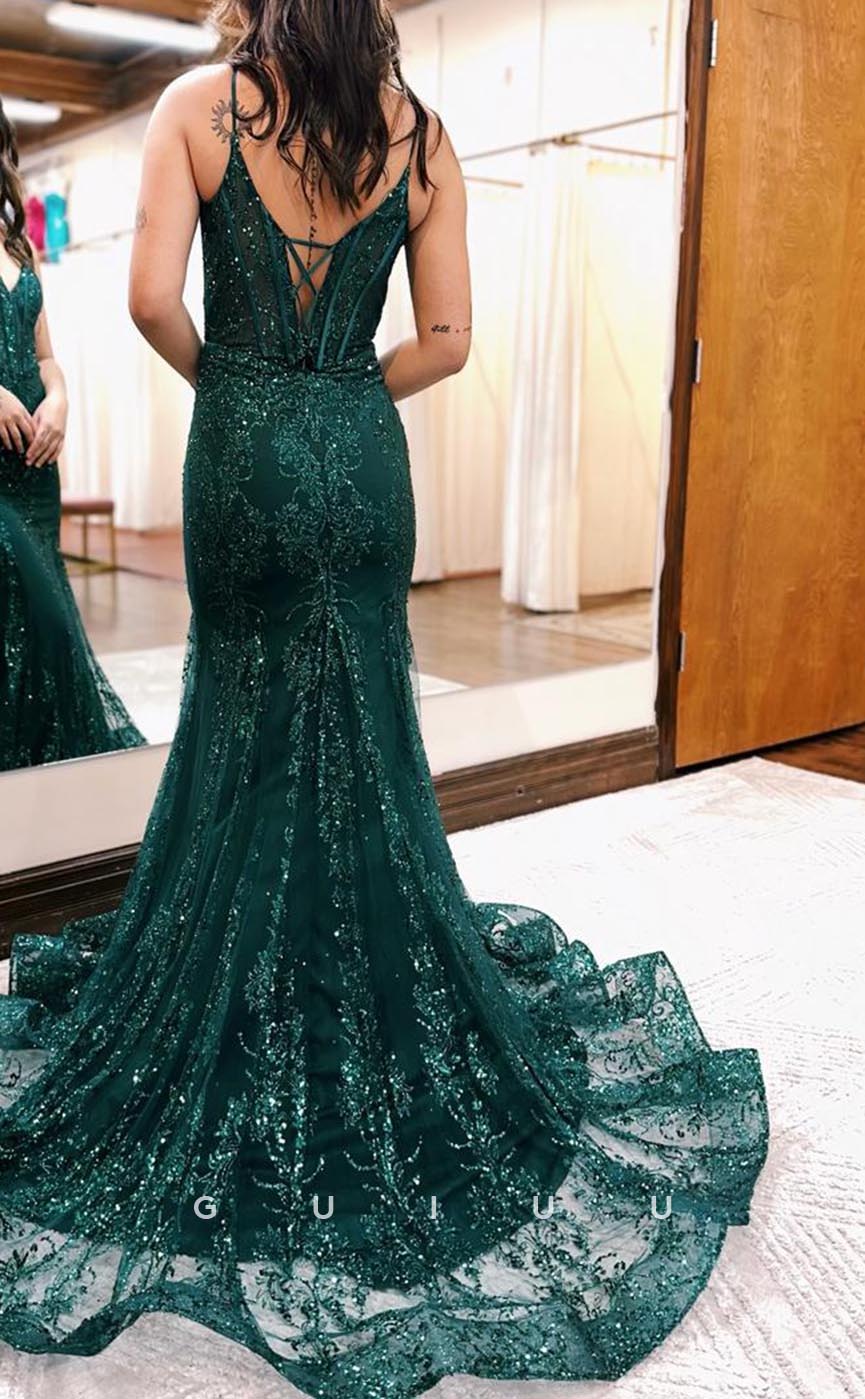 G3613 - Sexy & Hot Mermaid V-Neck Straps Allover Embroidered Long Party Gown Prom Dress with Sweep Train