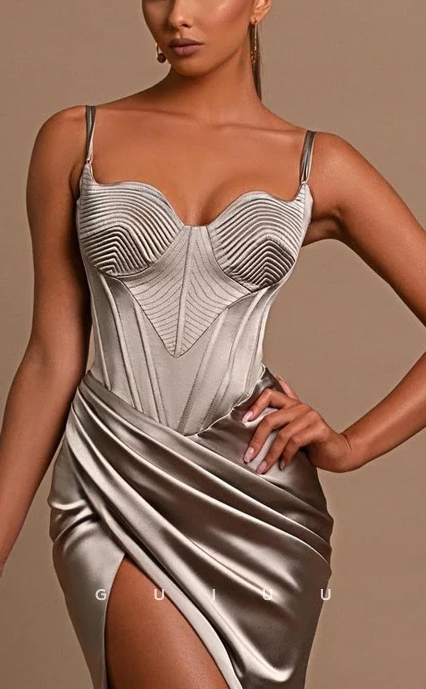 G3625 - Sexy & Hot Sheath Asymmetrical Straps Draped Evening Ball Gown Prom Dress with High Side Slit