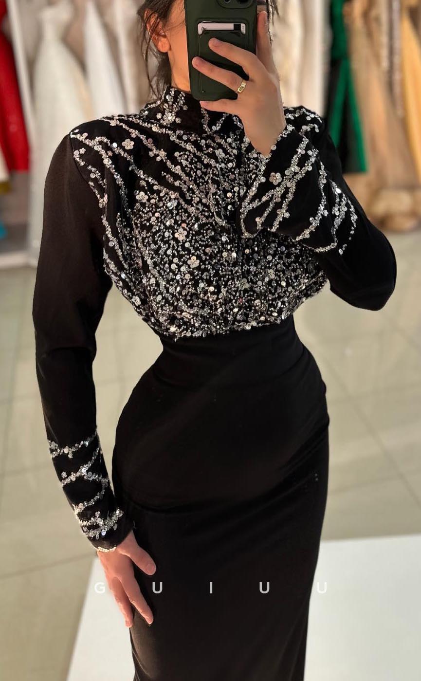 G3629 - Chic Sheath High Scoop Neck Long Sleeves Beaded Floor-Length Formal Party Gown Prom Dress