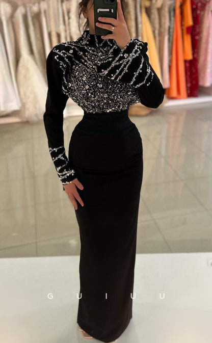 G3629 - Chic Sheath High Scoop Neck Long Sleeves Beaded Floor-Length Formal Party Gown Prom Dress