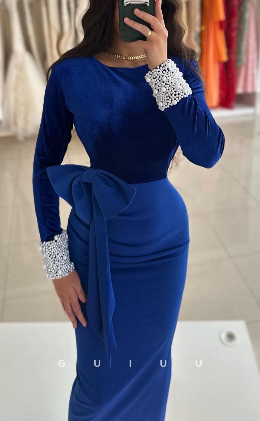 G3632 - Classic Sheath Scoop Long Beaded Sleeves Ankle-Length Formal Party Gown Prom Dress with Bowknot