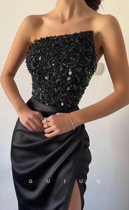 G3633 - Sexy Sheath Asymmetrical Strapless Draped Sequined Long Evening Party Gown Prom Dress with High Side Slit