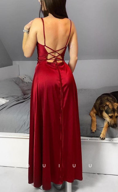 G3641 - Chic & Modern Sheath Straps Draped Ankle-Length Formal Part Gown Prom Dress with High Side Slit