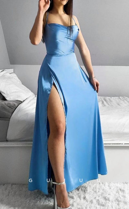 G3641 - Chic & Modern Sheath Straps Draped Ankle-Length Formal Part Gown Prom Dress with High Side Slit