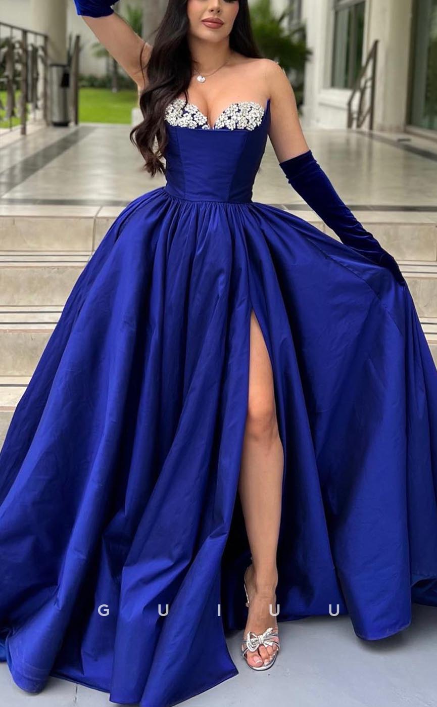 G3647 - Chic & Modern A-line Sweetheart Beaded Long Prom Dress with Long Gloves and High Side Slit