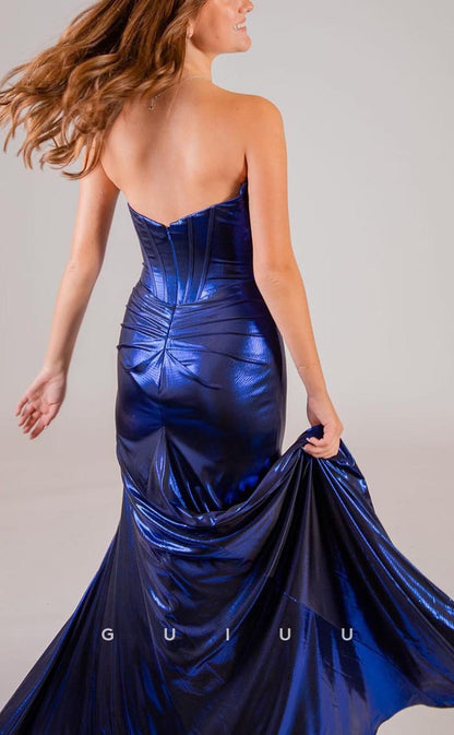 G3666 - Classic Sheath & Mermaid Sweetheart Strapless Draped Long Party Gown Prom Dress with High Side Slit