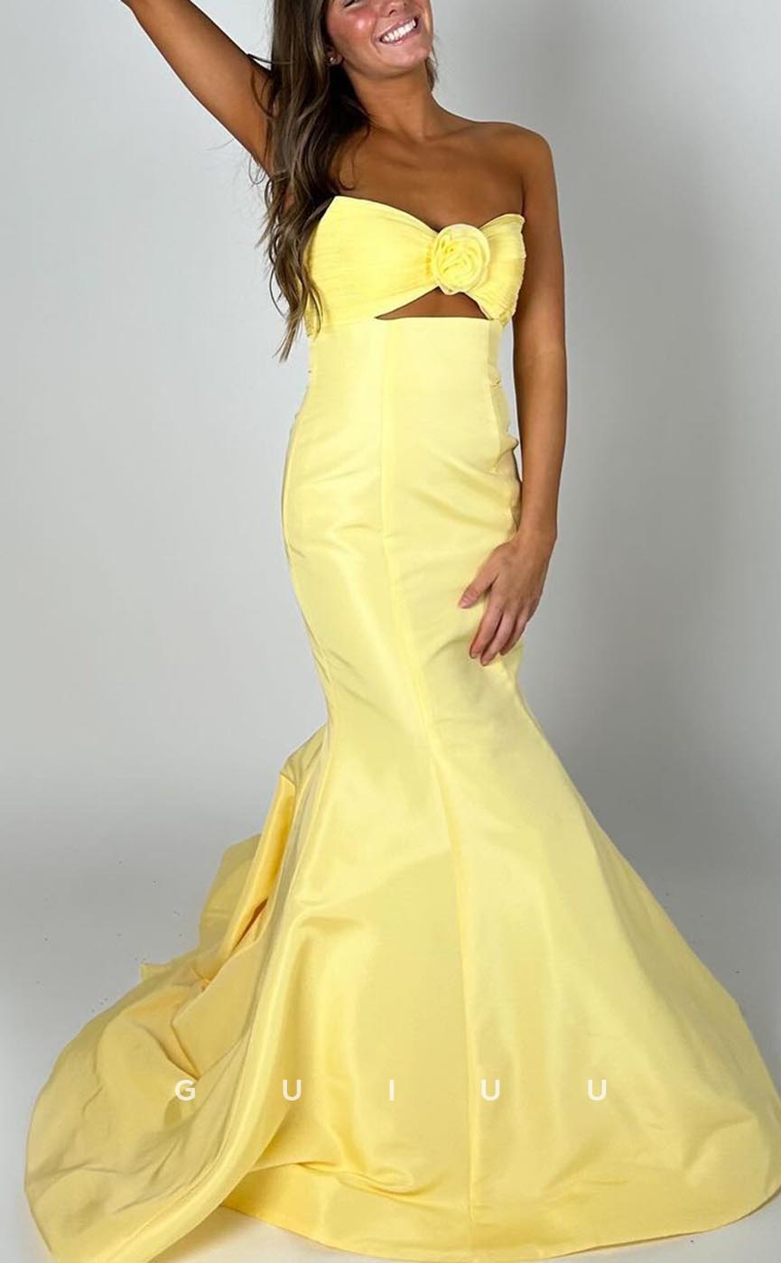 G3667 - Chic & Modern Trumpet Strapless Cut-outs Floral Embossed Draped Floor-Length Party Gown Prom Dress