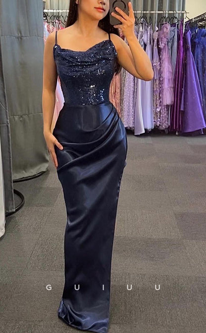 G3670 - Simple & Casual Sheath Sequined Straps Draped Floor-Length Party Gown Prom Dress