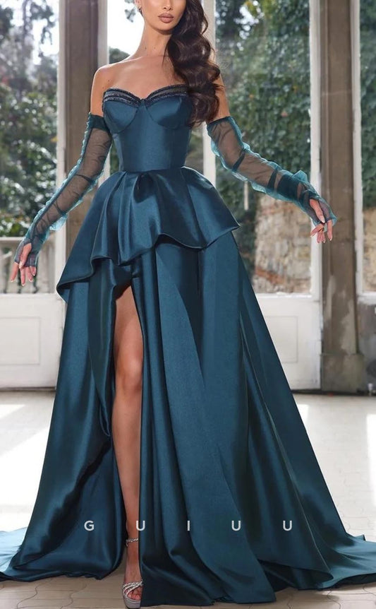 G3679 - Chic & Modern A-Line Sweetheart Beaded Long Formal Party Gown Prom Dress with High Side Slit and Sweep Train