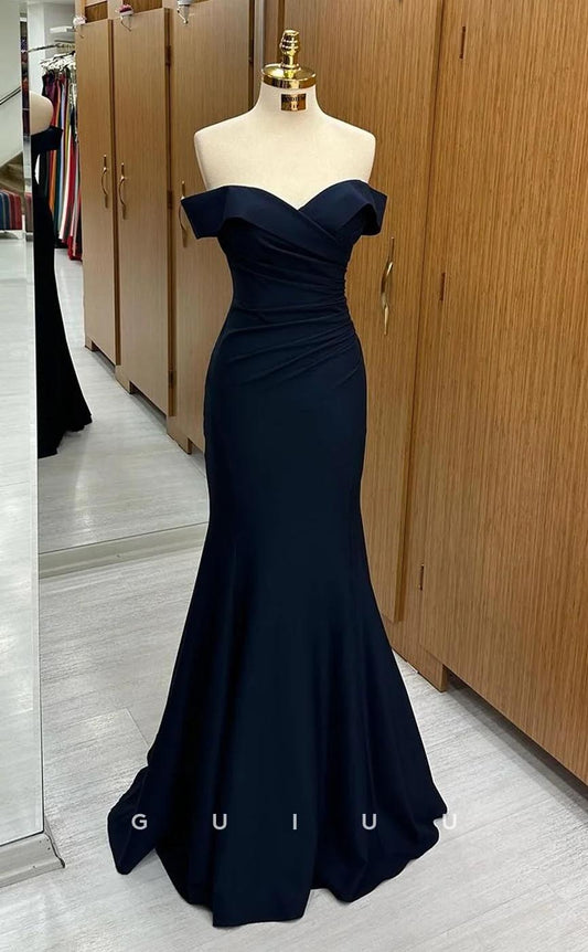 G3680 - Classic Sheath Off Shoulder Draped Long Formal Party Gown Prom Dress