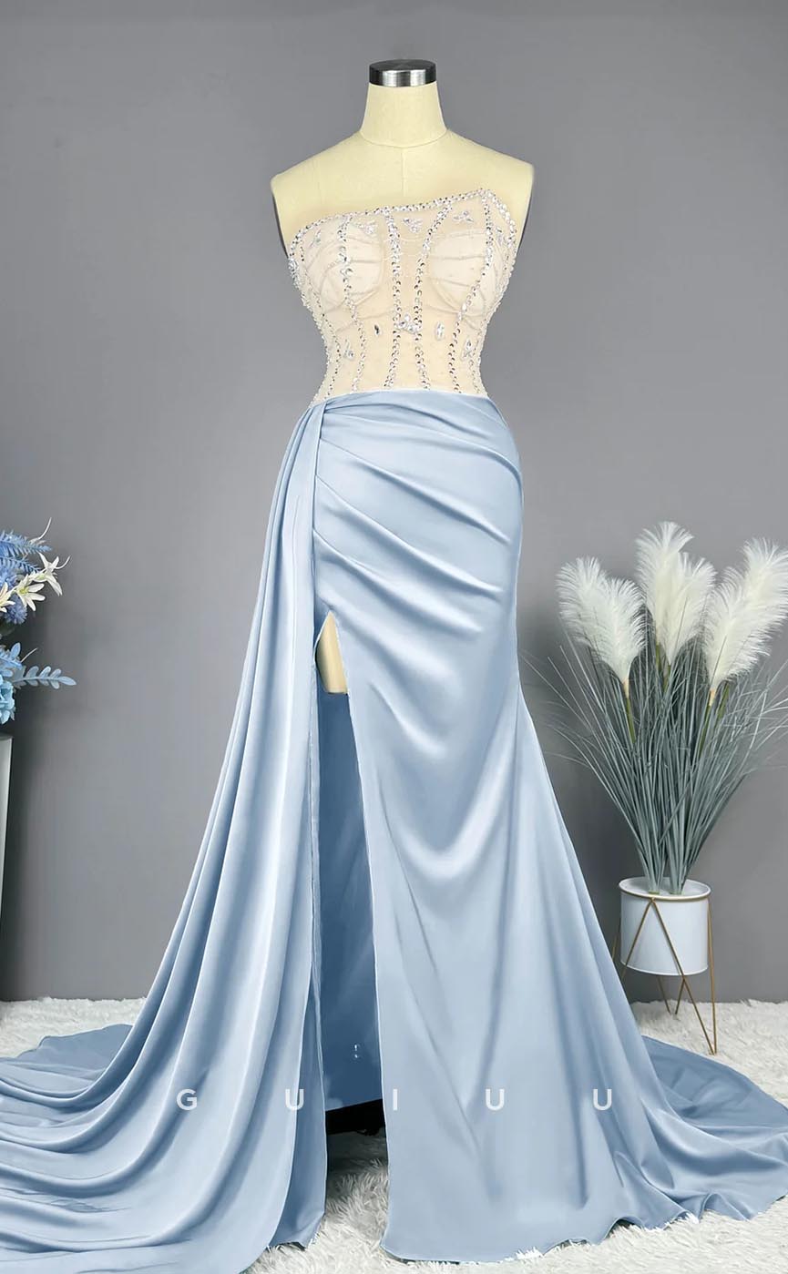 G3683 - Classic & Timeless Mermaid Asymmetrical Beaded and Draped Prom Dress with High Side Slit and Overlay