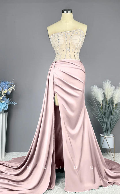 G3683 - Classic & Timeless Mermaid Asymmetrical Beaded and Draped Prom Dress with High Side Slit and Overlay