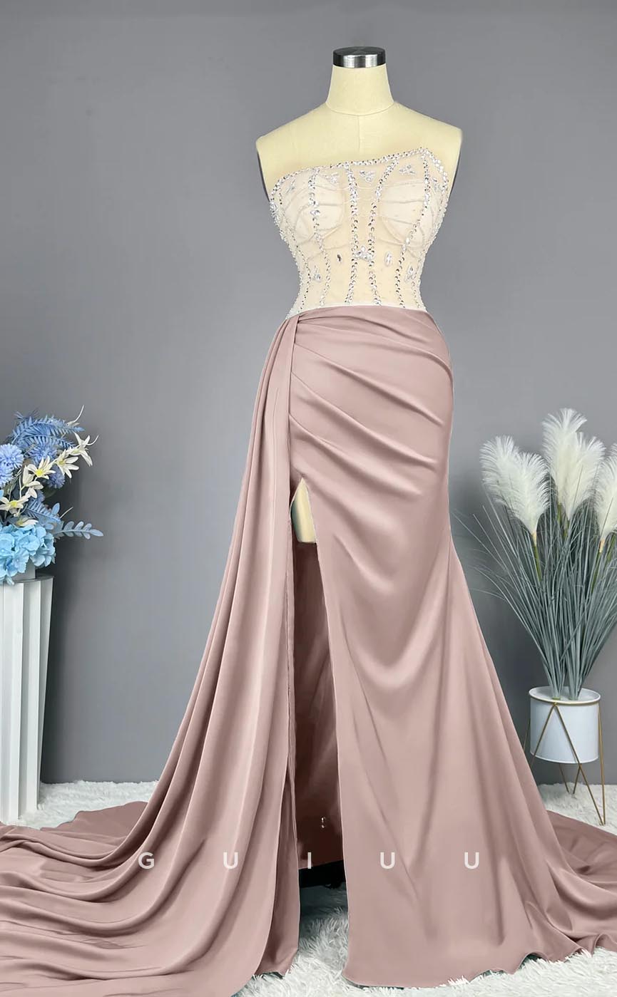 G3683 - Classic & Timeless Mermaid Asymmetrical Beaded and Draped Prom Dress with High Side Slit and Overlay