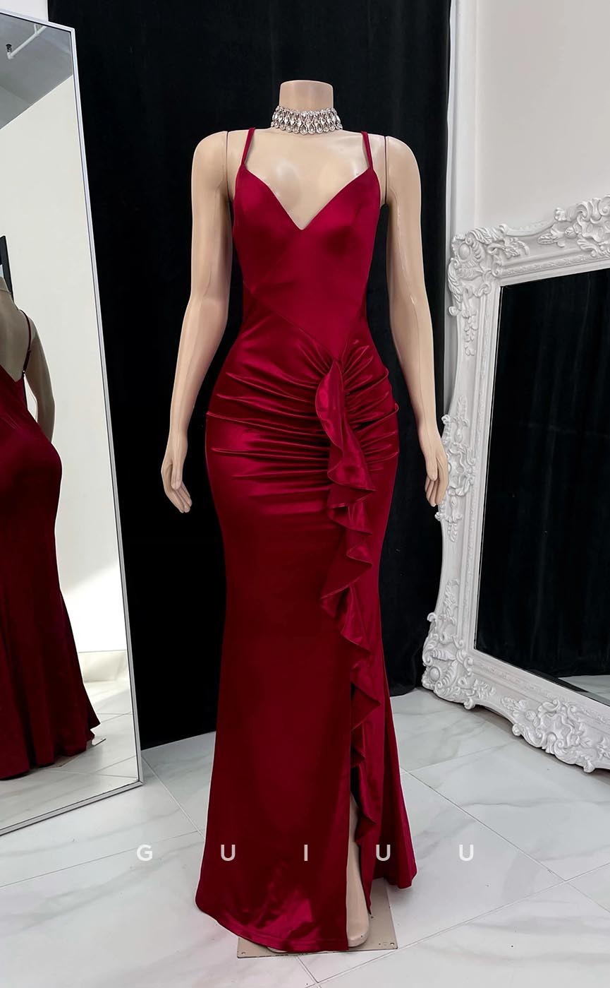 G3684 - Sexy & Hot Sheath V-Neck Straps Draped Long Prom Dress with Ruffles and Side Slit