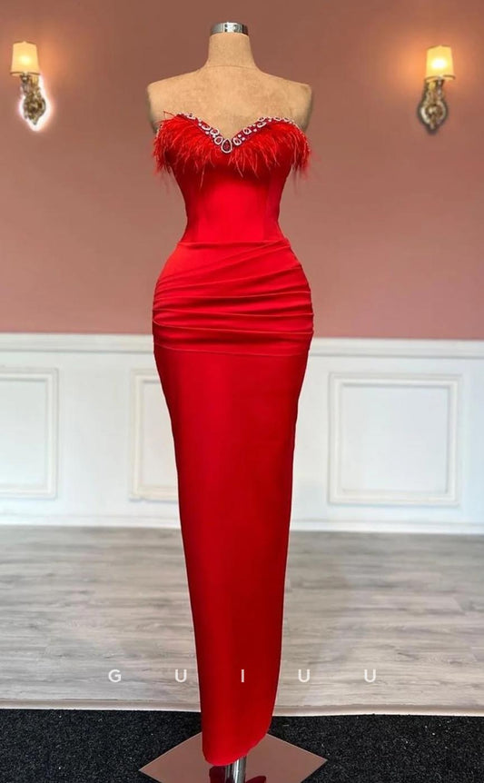 G3685 - Sexy & Hot Sheath Sweetheart Beaded and Draped Long Evening Party Gown Prom Dress with Feather