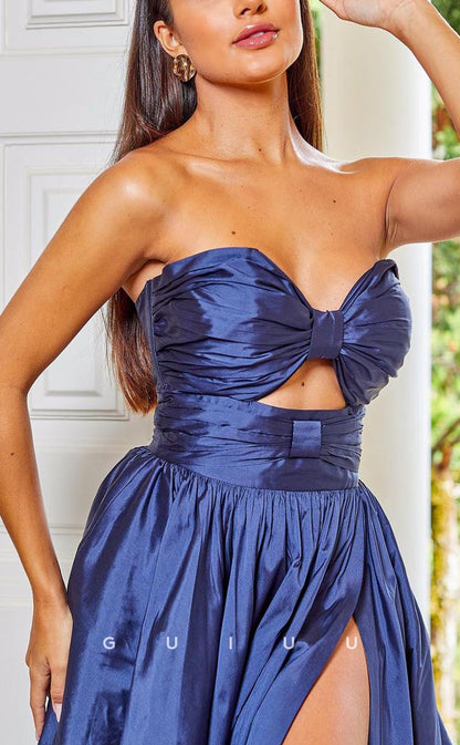 G3689 - Chic & Modern A-Line Sweetheart Draped Long Party Gown Prom Dress with Bows and High Side Slit