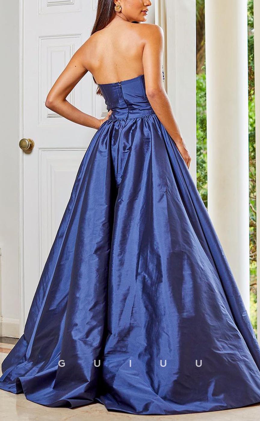 G3689 - Chic & Modern A-Line Sweetheart Draped Long Party Gown Prom Dress with Bows and High Side Slit