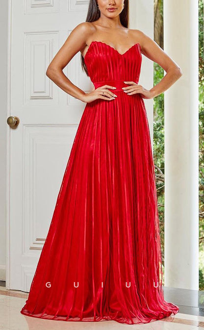 G3690 - Classic & Timeless A-Line V-Neck Strapless Pleated Formal Party Gown Prom Dress