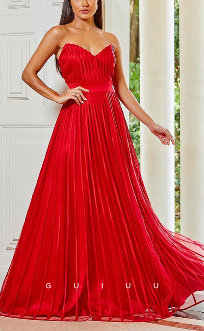 G3690 - Classic & Timeless A-Line V-Neck Strapless Pleated Formal Party Gown Prom Dress