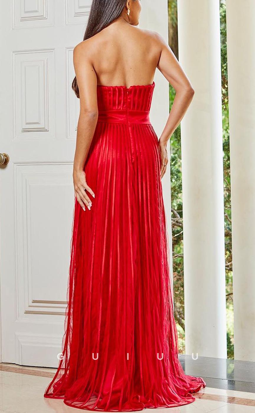 G3690 - Classic & Timeless A-Line V-Neck Strapless Pleated Formal Party Gown Prom Dress