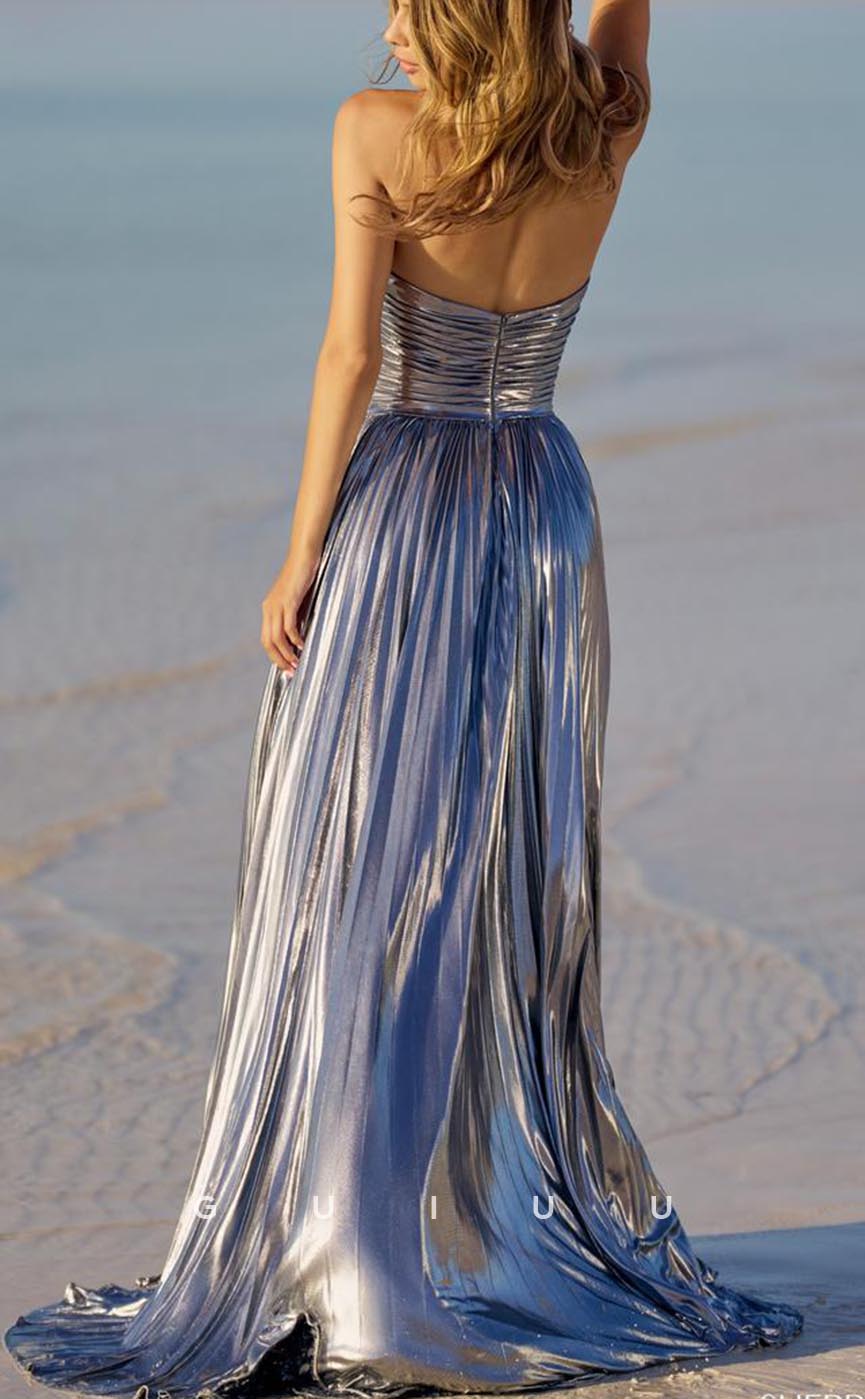 G3694 - Chic & Modern A-Line V-Neck Draped Pleated Party Gown Prom Dress with High Side Slit