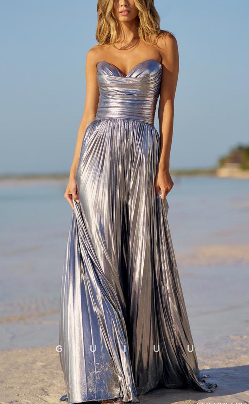 G3694 - Chic & Modern A-Line V-Neck Draped Pleated Party Gown Prom Dress with High Side Slit