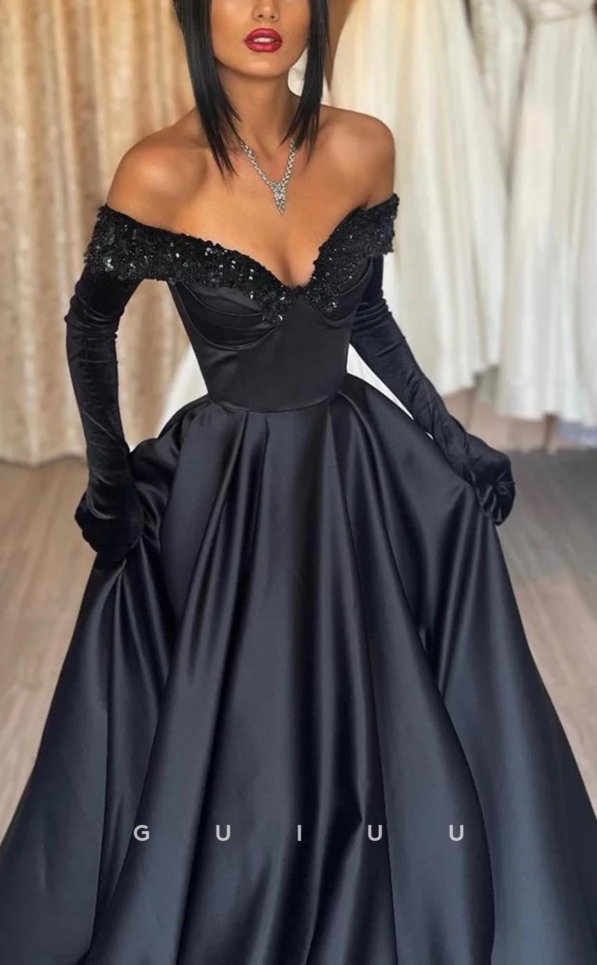 G3699 - Classic & Timeless A-Line Off Shoulder Sequined Long Gloves Draped Formal Party Gown Prom Dress