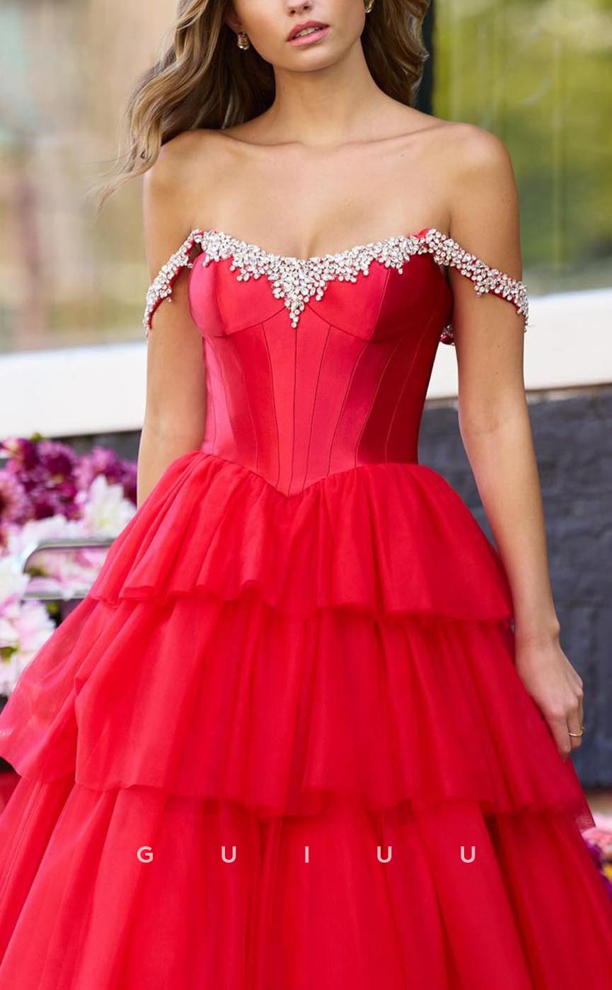 G3705 - Classic & Timeless A-Line Off Shoulder Beaded Long Ballgown Prom Dress