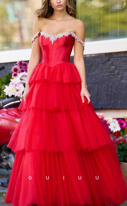 G3705 - Classic & Timeless A-Line Off Shoulder Beaded Long Ballgown Prom Dress