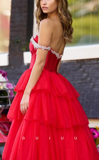 G3705 - Classic & Timeless A-Line Off Shoulder Beaded Long Ballgown Prom Dress