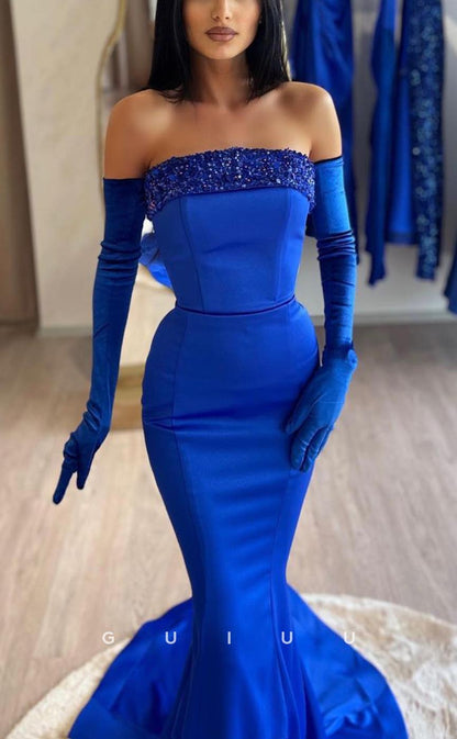 G3710 - Sexy & Hot Sheath & Trumpet Strapless Beaded  Long Party Gown Prom Dress with Long Gloves